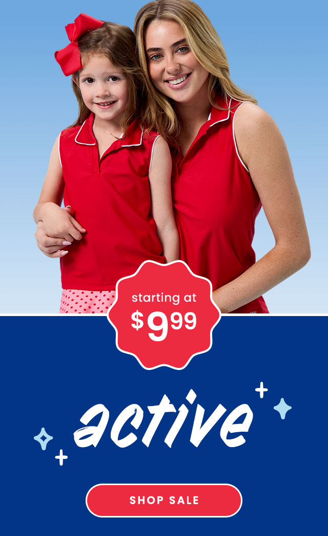 "Banner showing coordinated red active polos with white piping. Text reads &lsquo;starting at $9.99,&rsquo; &lsquo;active,&rsquo; with a &lsquo;Shop Sale&rsquo; button on a blue background."