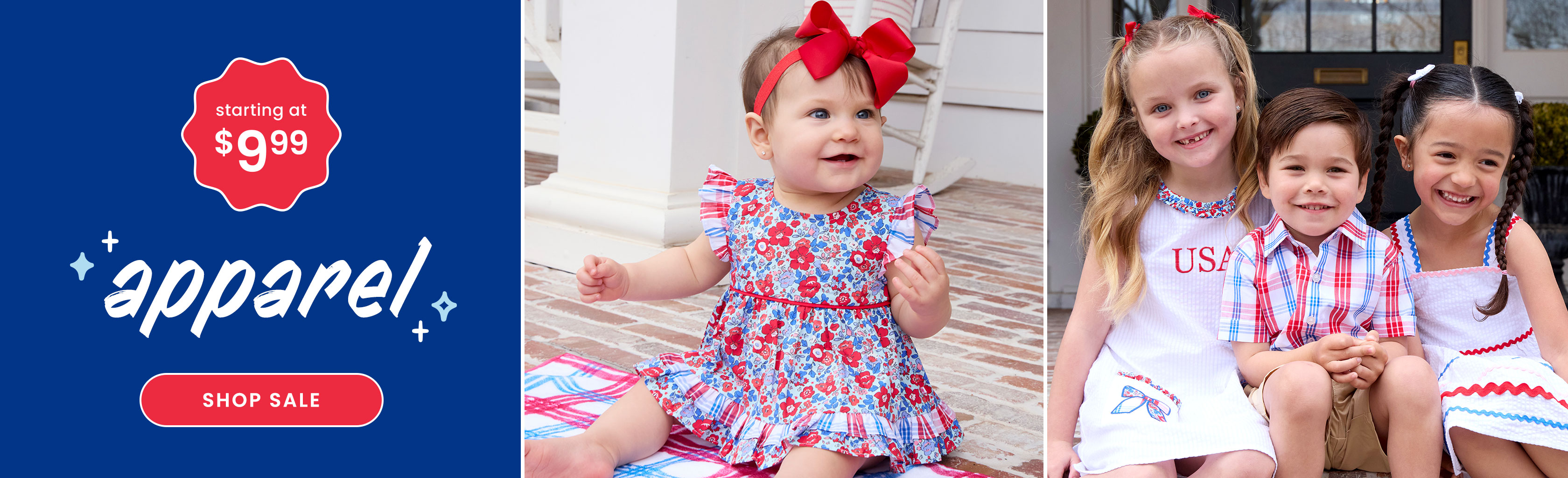 "Banner showing coordinated red, white, and blue apparel including dresses and a plaid shirt. Text reads &lsquo;starting at $9.99,&rsquo; &lsquo;apparel,&rsquo; with a &lsquo;Shop Sale&rsquo; button."