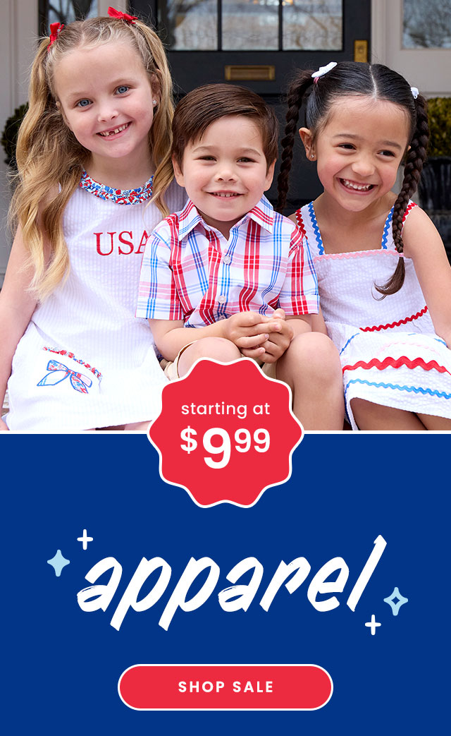 "Banner showing coordinated red, white, and blue apparel including dresses and a plaid shirt. Text reads &lsquo;starting at $9.99,&rsquo; &lsquo;apparel,&rsquo; with a &lsquo;Shop Sale&rsquo; button."