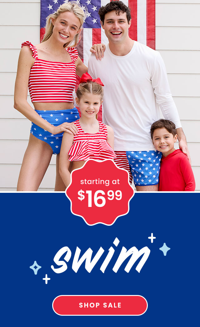 "Banner showing coordinated red, white, and blue striped and star‑print swimwear. Text reads &lsquo;starting at $16.99,&rsquo; &lsquo;swim,&rsquo; with a &lsquo;Shop Sale&rsquo; button."