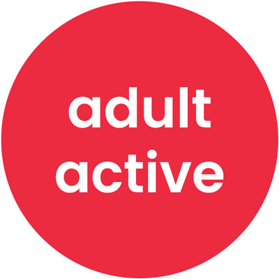Red bubble with white text that reads "adult active"