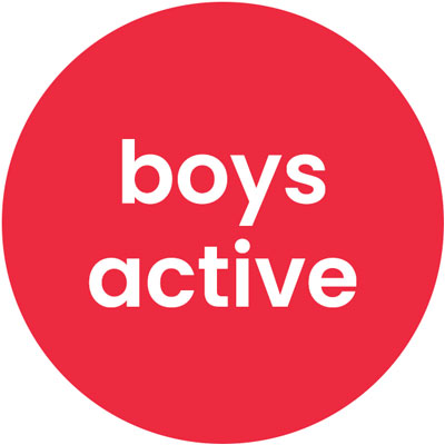 Red bubble with white text that reads "boys active"
