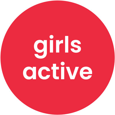 Red bubble with white text that reads "girls active"
