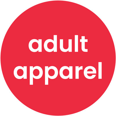 Red bubble with white text that reads "adult apparel"