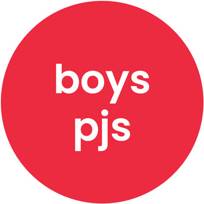 Red bubble with white text that reads "boys pjs"