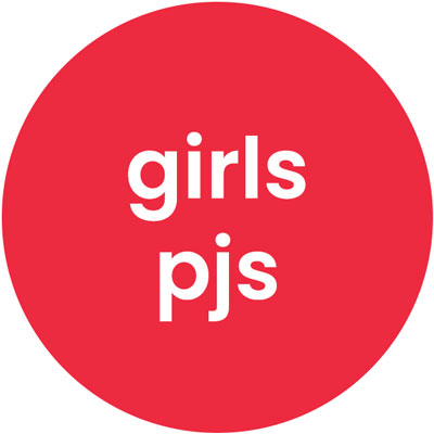 Red bubble with white text that reads "girls pjs"