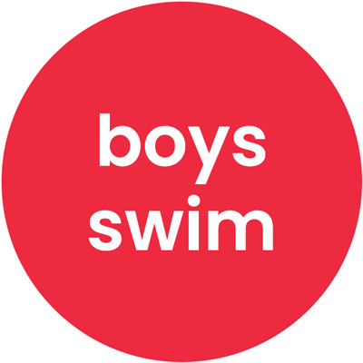 Red bubble with white text that reads "boys swim"
