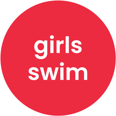 Red bubble with white text that reads "girls swim"