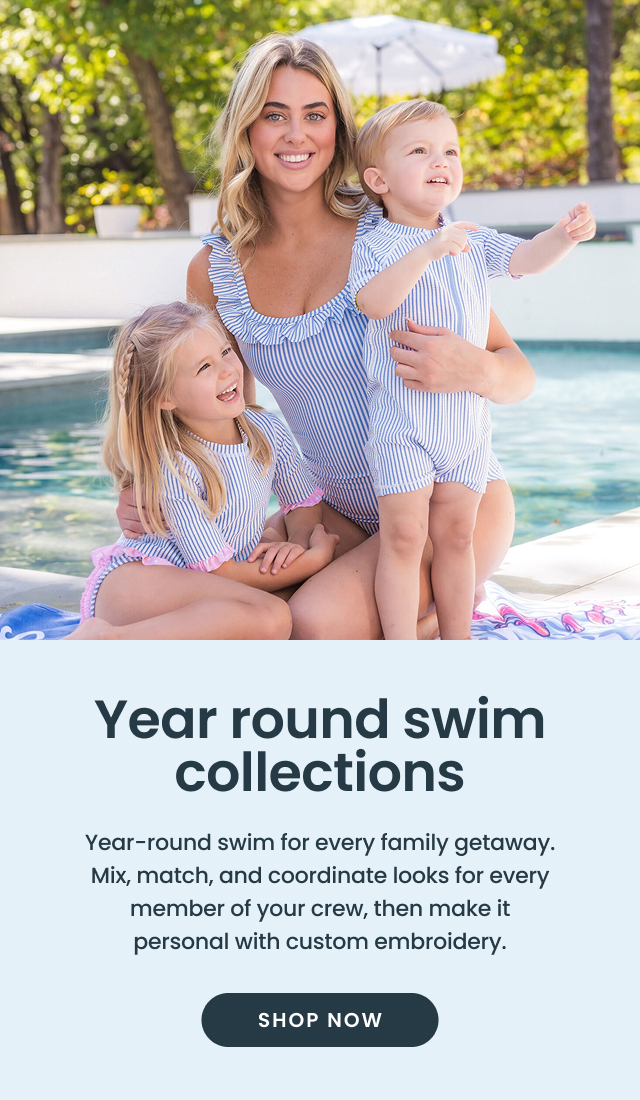 "Banner showing matching blue and white striped swimwear by a pool. Text reads ‘Year round swim collections’ and describes mix‑and‑match styles with custom embroidery, plus a ‘Shop Now’ button."