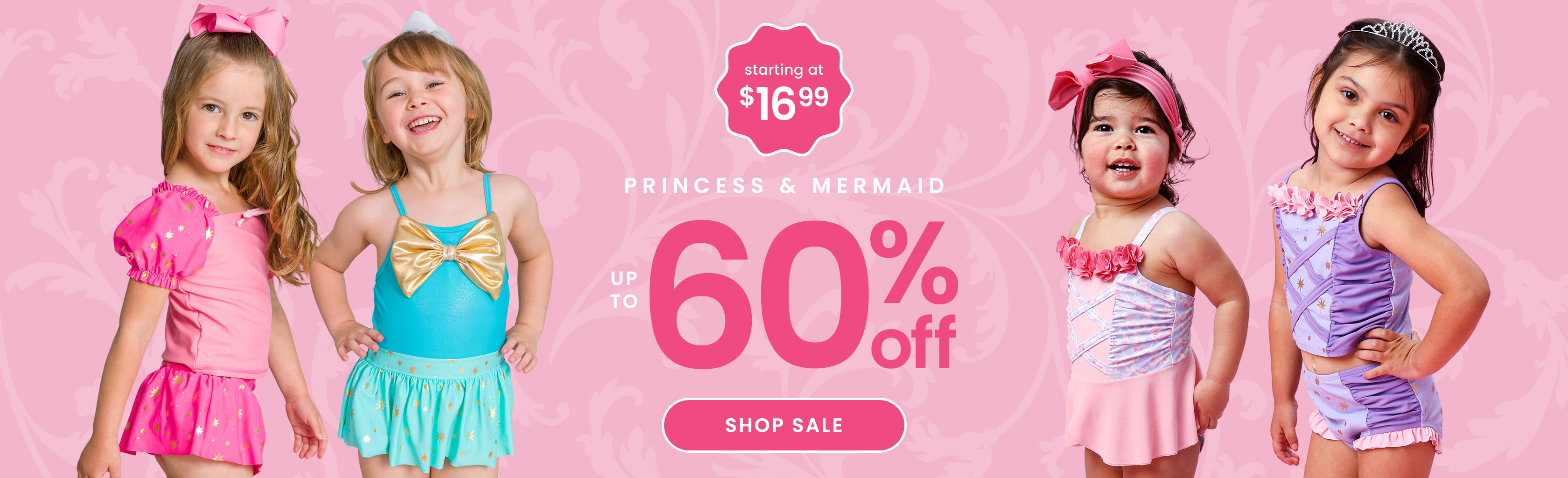Promotional banner showing four children in colorful princess‑style swimsuits. Text reads ‘Starting at $16.99, 100+ swim styles, up to 60% off,’ with a Shop Sale button.