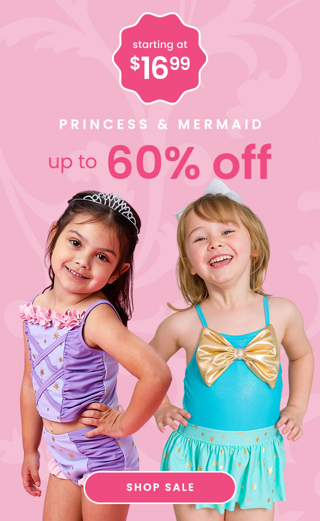 Promotional banner showing four children in colorful princess‑style swimsuits. Text reads ‘Starting at $16.99, 100+ swim styles, up to 60% off,’ with a Shop Sale button.