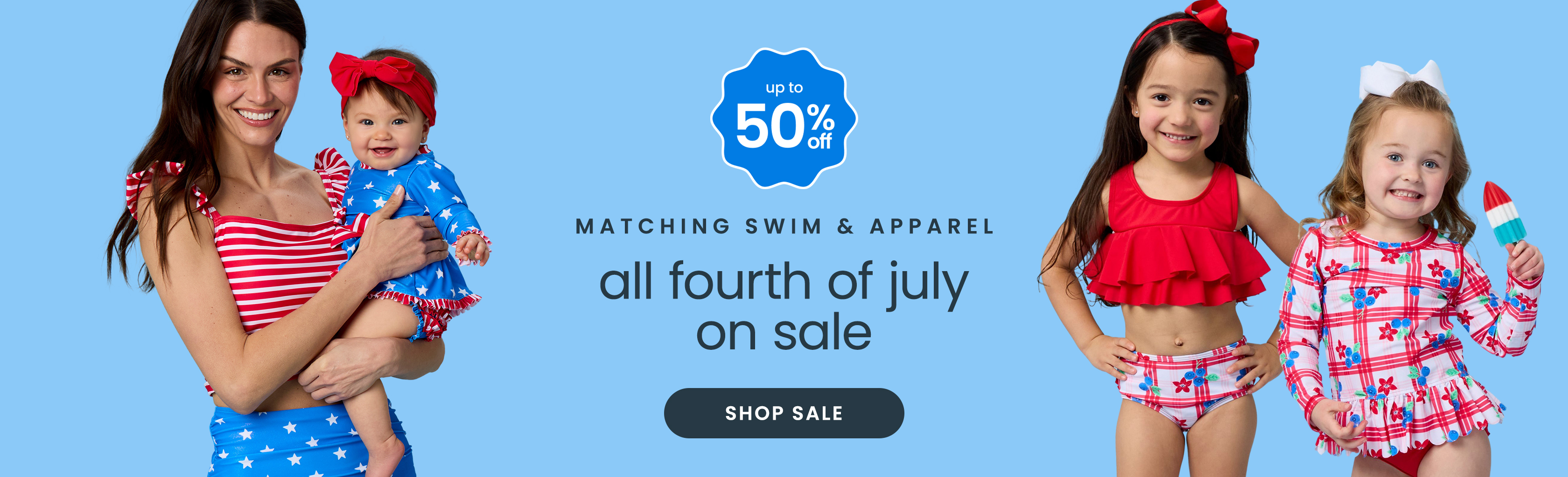 "Blue banner reading ‘All Fourth of July" — red white boom’ with patriotic prints and a red ‘Shop New’ button."