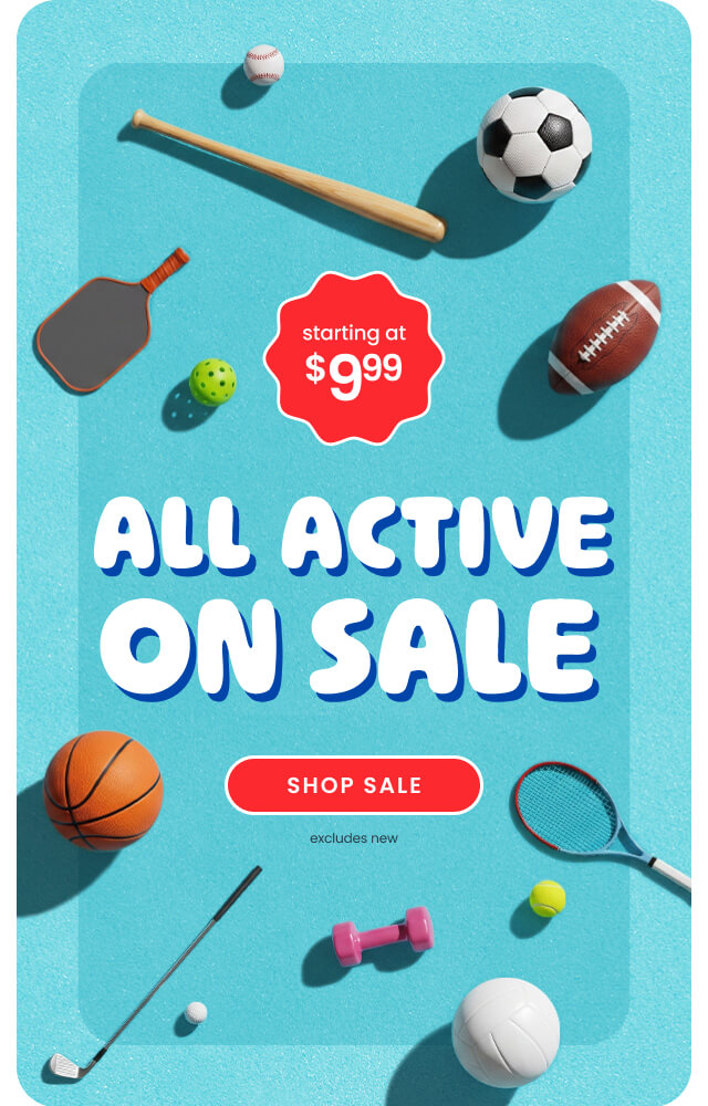 "Blue sale banner with sports equipment including a soccer ball, football, basketball, tennis racket, golf club, baseball bat, and pickleball paddle. Text reads ‘All Active on Sale,’ ‘starting at $9.99,’ and ‘Shop Sale.’"