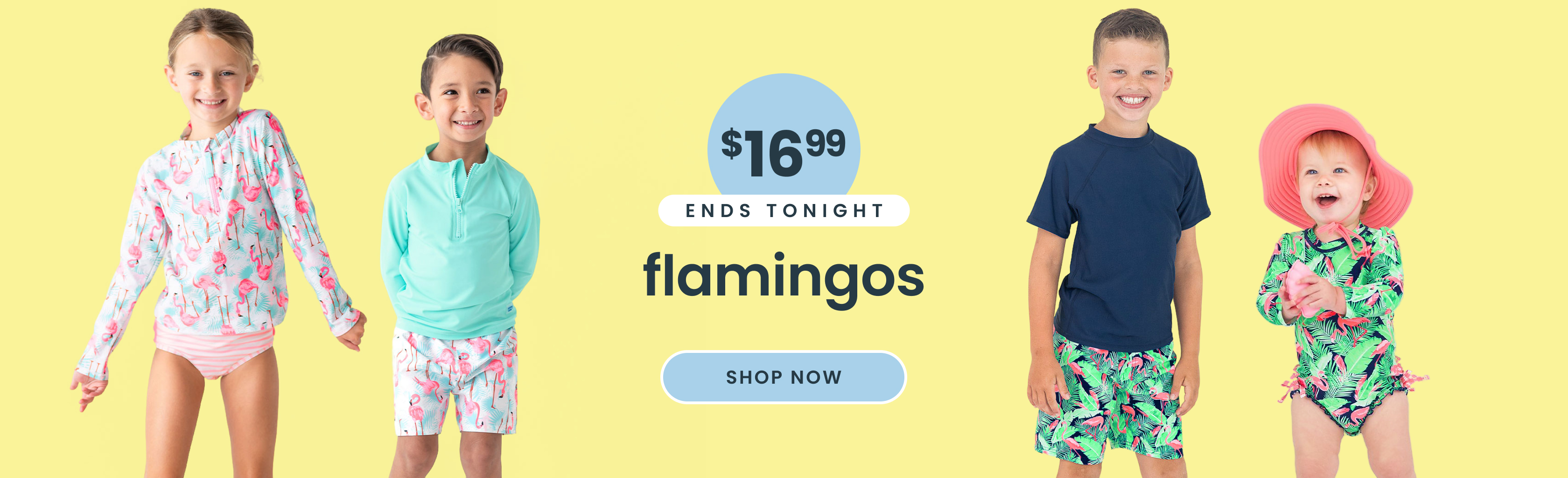 Promotional banner showing four children wearing flamingo‑print swimwear and rash guards. Text reads ‘$16.99, 48 hour deal, flamingos,’ with a Shop Now button.