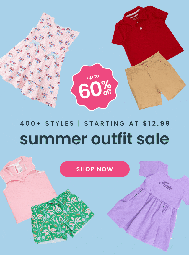 Promotional banner showing assorted children’s summer outfits including dresses, polos, and shorts. Text reads ‘400+ styles starting at $12.99, up to 60% off, summer outfit sale,’ with Shop Now button.