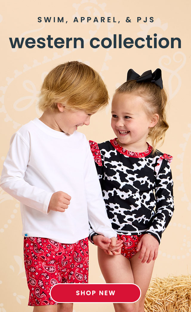 Promotional banner showing children wearing western‑inspired matching swim, apparel, and pajamas. Text reads ‘New matching styles, swim, apparel & PJs, western collection,’ with Shop New button.