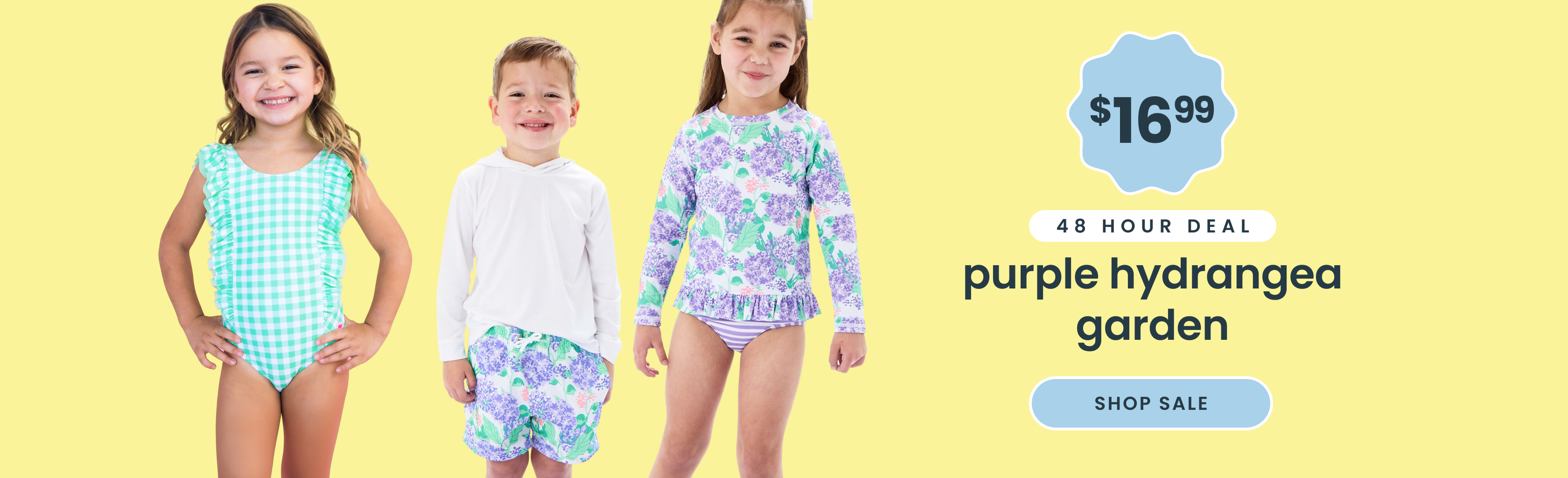 Promotional banner showing four children wearing hydrangea‑print swimwear and rash guards. Text reads ‘$16.99, 48 hour deal, purple hydrangea,’ with a Shop Now button.