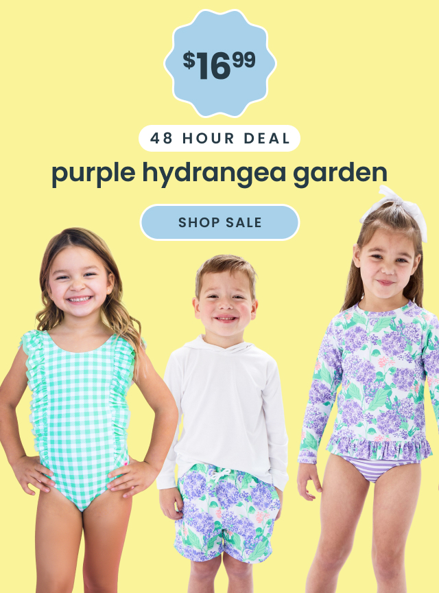 Promotional banner showing four children wearing hydrangea‑print swimwear and rash guards. Text reads ‘$16.99, 48 hour deal, purple hydrangea,’ with a Shop Now button.