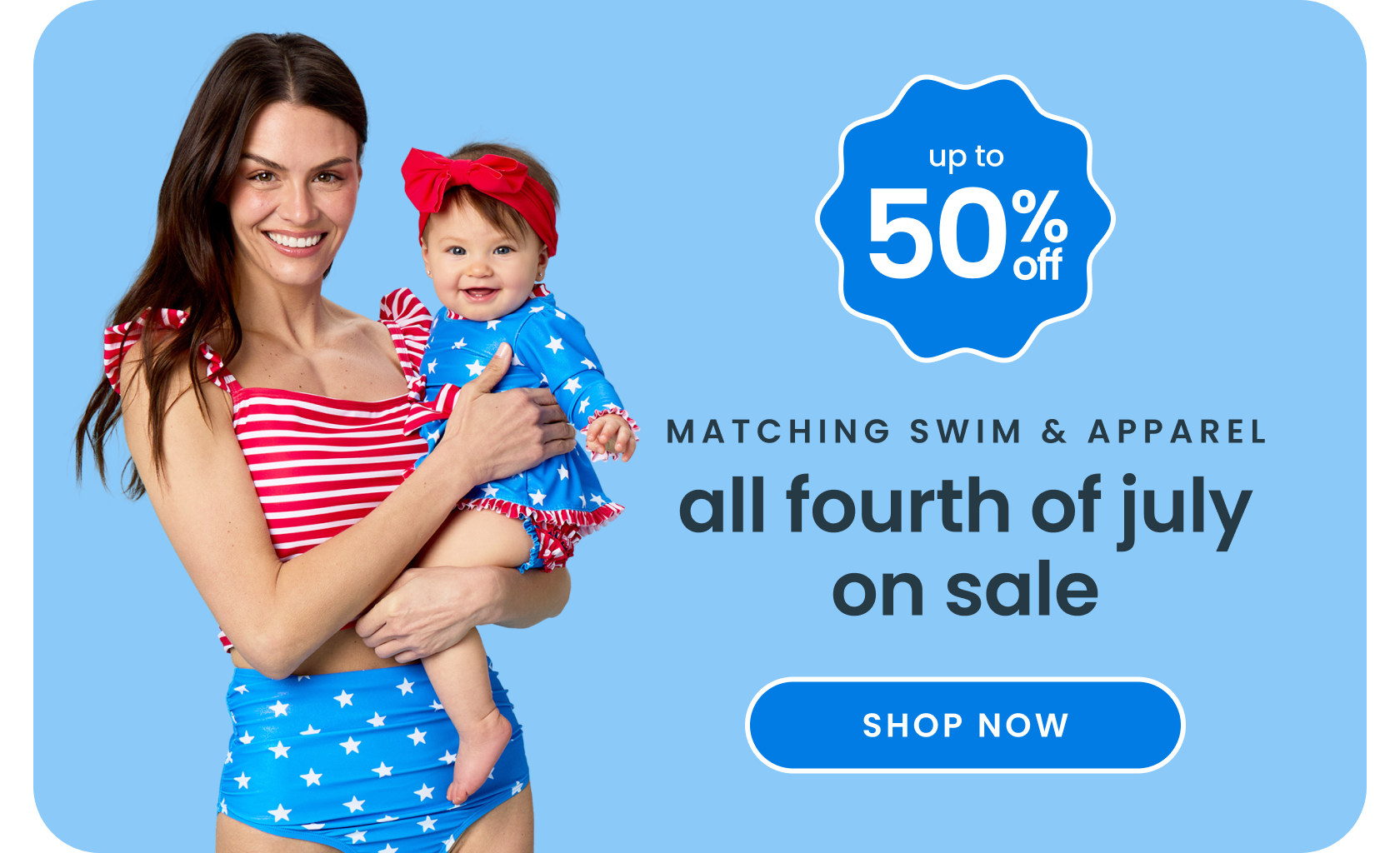 "Blue banner reading ‘All Fourth of July" — red white boom’ with patriotic prints and a red ‘Shop New’ button."
