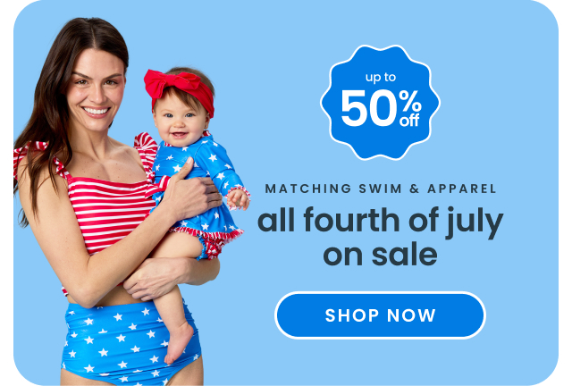 "Blue banner reading ‘All Fourth of July" — red white boom’ with patriotic prints and a red ‘Shop New’ button."