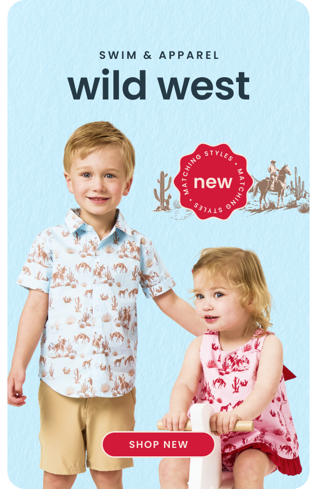 Promotional banner showing children wearing western‑inspired matching swim, apparel, and pajamas. Text reads ‘New matching styles, swim, apparel & PJs, western collection,’ with Shop New button.