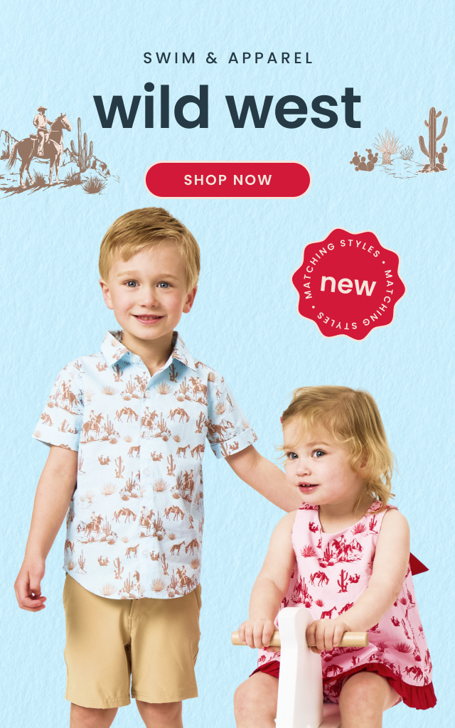 Promotional banner showing children wearing western‑inspired matching swim, apparel, and pajamas. Text reads ‘New matching styles, swim, apparel & PJs, western collection,’ with Shop New button.