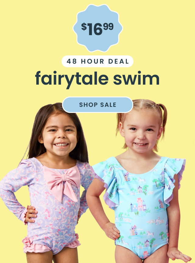 Promotional banner showing four children wearing fairytale‑print swimwear and rash guards. Text reads ‘$16.99, 48 hour deal, fairytale swim,’ with a Shop Now button.