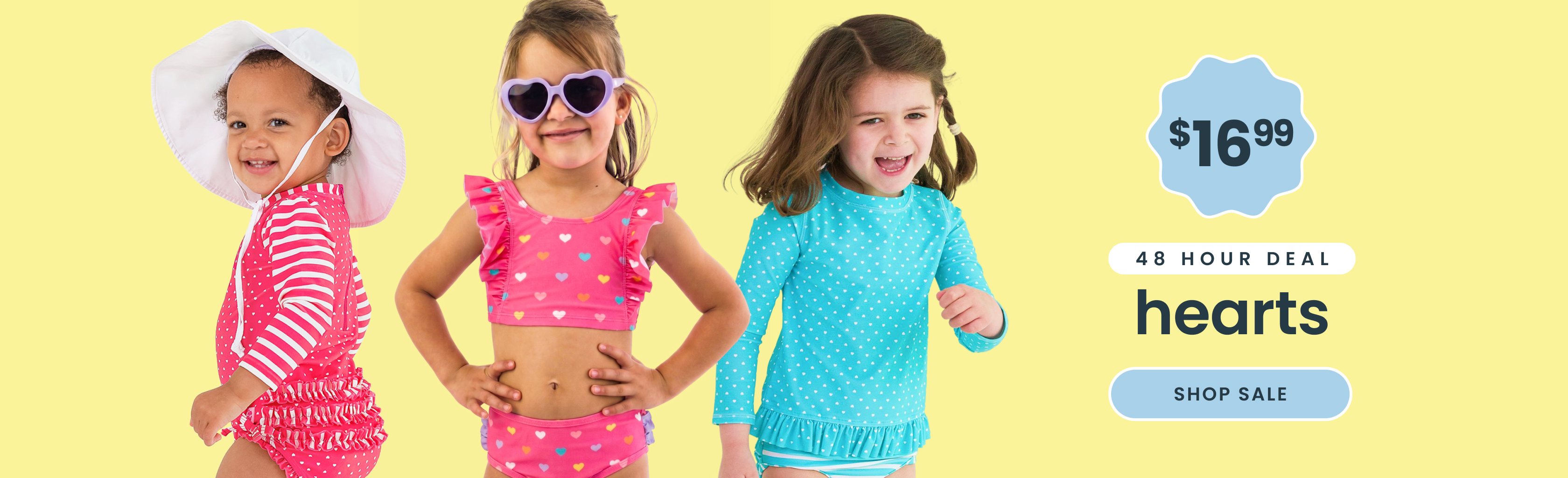 Promotional banner showing four children wearing heart‑print swimwear and rash guards. Text reads ‘$16.99, 48 hour deal, hearts swim,’ with a Shop Now button.