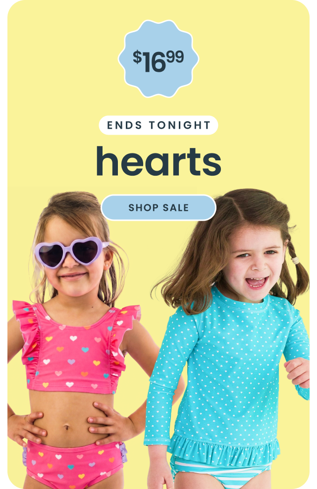 Promotional banner showing four children wearing heart‑print swimwear and rash guards. Text reads ‘$16.99, 48 hour deal, hearts swim,’ with a Shop Now button.