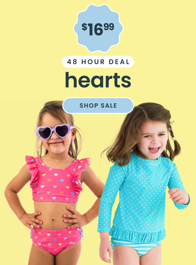 Promotional banner showing four children wearing heart‑print swimwear and rash guards. Text reads ‘$16.99, 48 hour deal, hearts swim,’ with a Shop Now button.