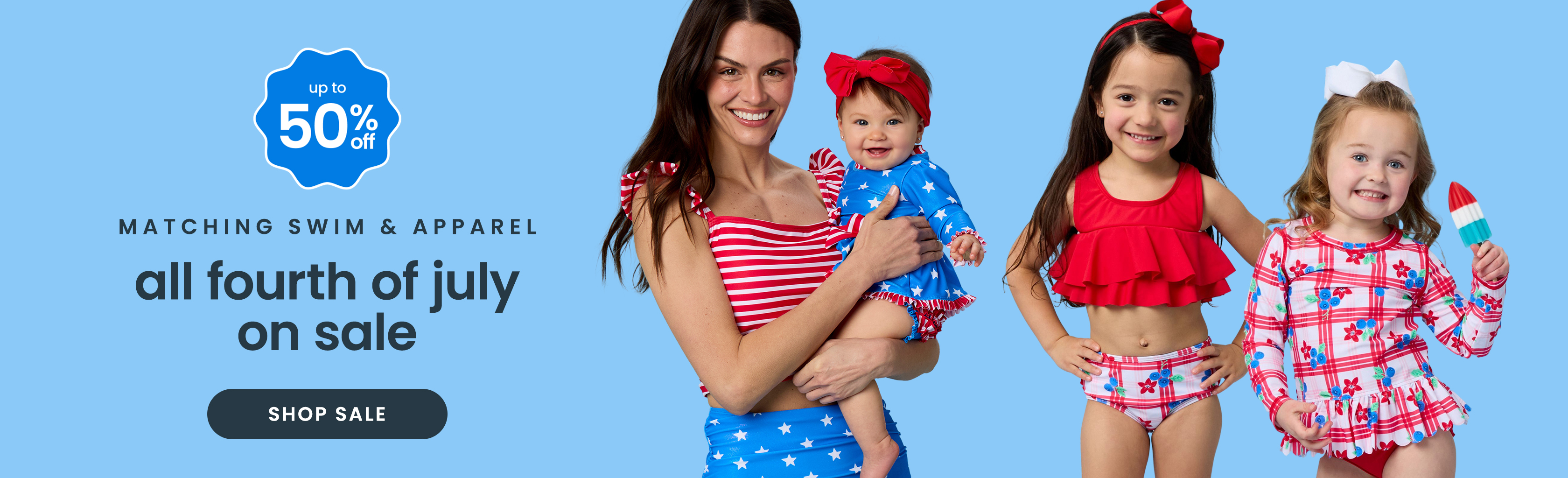 Blue banner reading ‘All Fourth of July on Sale" — red white boom’ with patriotic prints and a red ‘Shop Sale’ button.