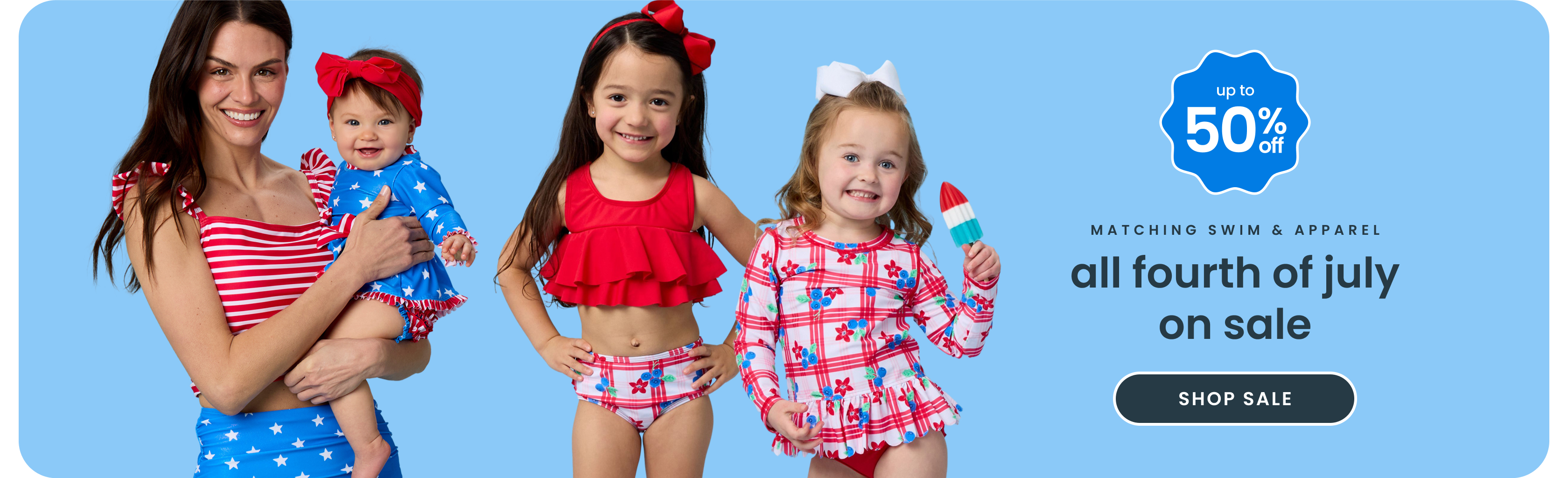 "Blue banner reading ‘All Fourth of July" — red white boom’ with patriotic prints and a red ‘Shop New’ button."