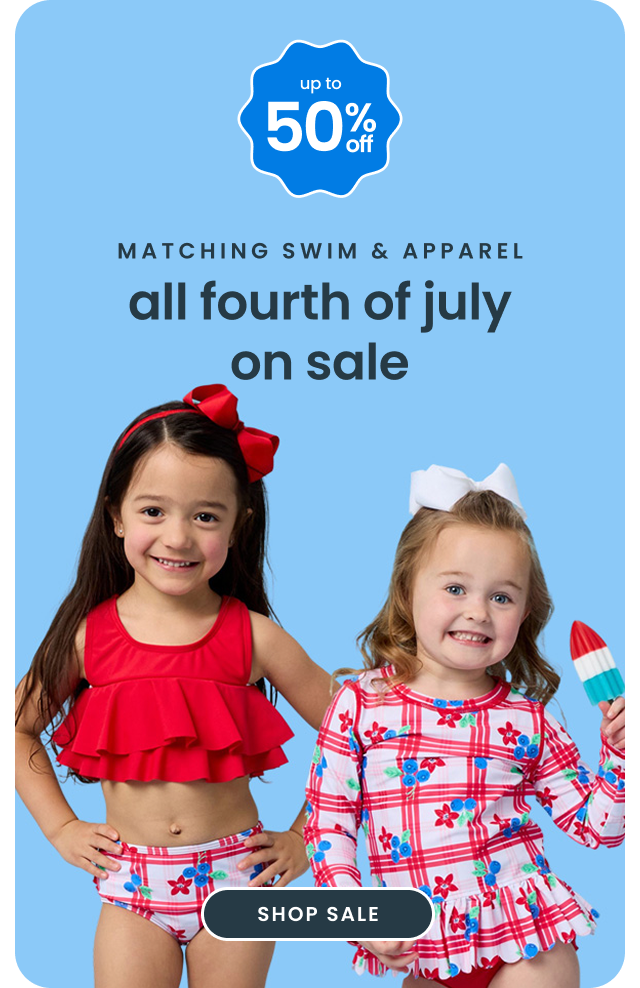 "Blue banner reading ‘All Fourth of July" — red white boom’ with patriotic prints and a red ‘Shop New’ button."