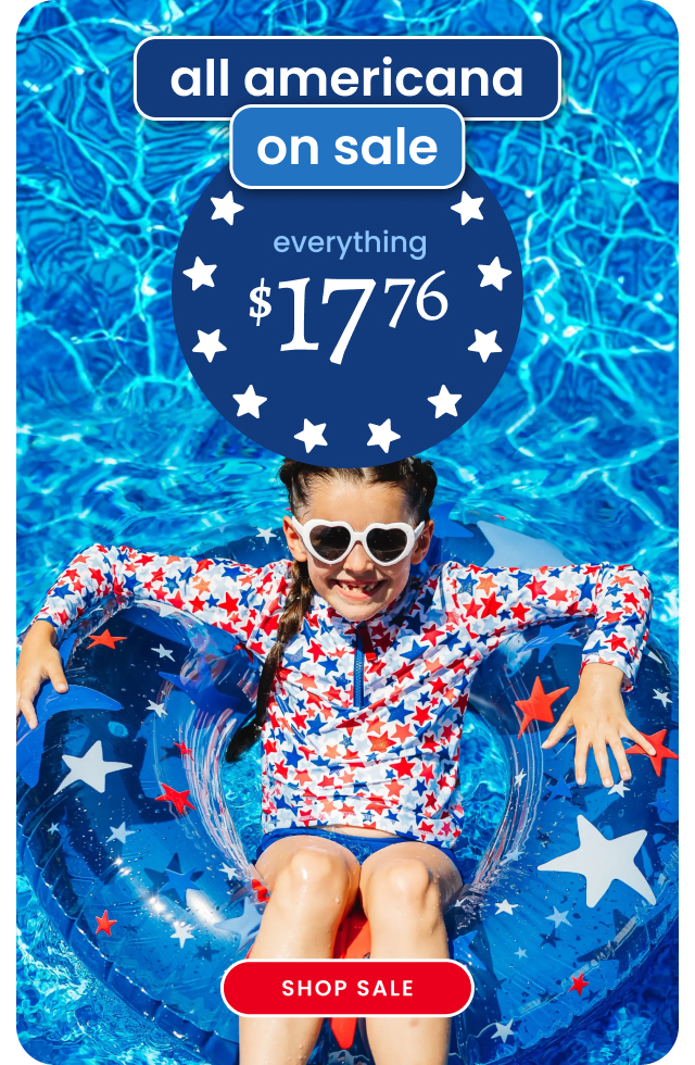 "Pool banner reading ‘all americana on sale’ with a badge ‘everything $17.76.’ Shows star‑print swimwear and a star‑pattern inner tube with a red ‘Shop Sale’ button."