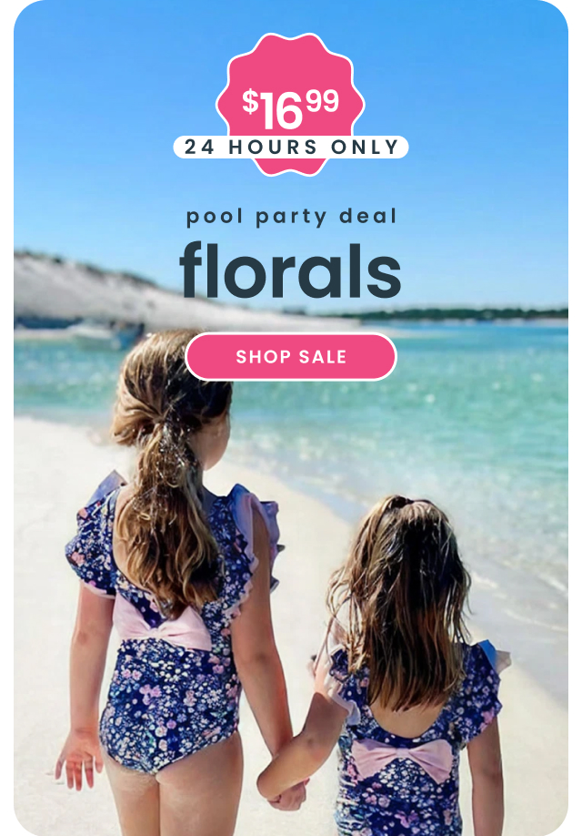 "Beach banner reading ‘$16.99, 24 hours only — pool party deal florals’ showing navy floral swimsuits with bow details. Includes a pink ‘Shop Sale’ button."