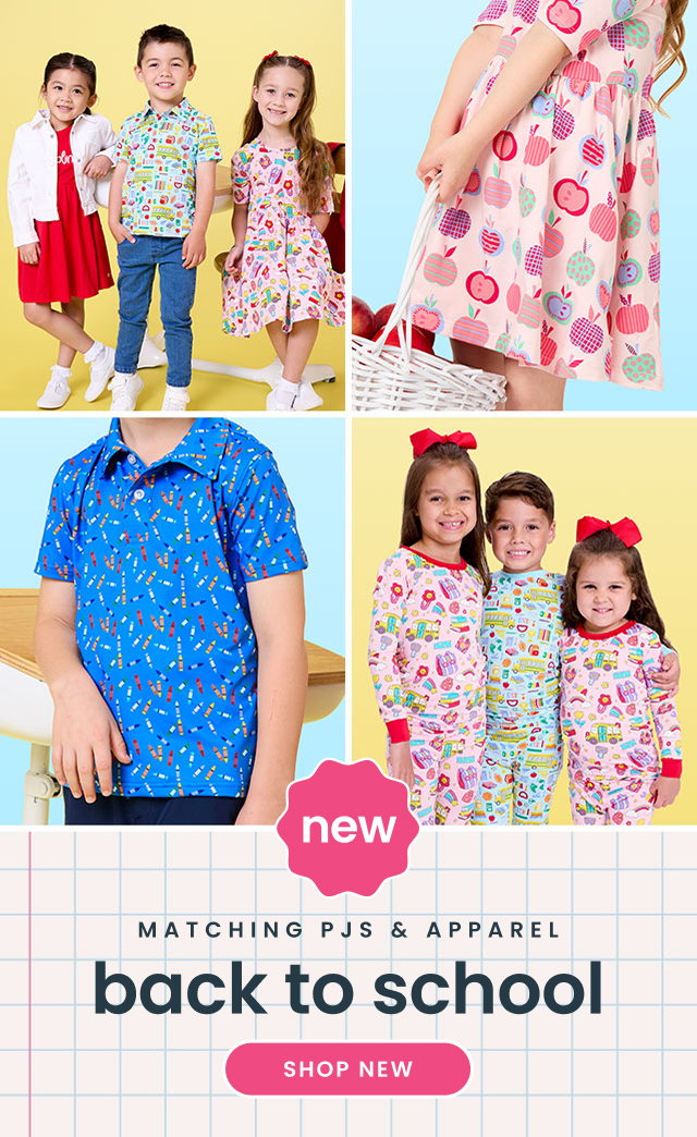 Promotional banner showing children wearing matching back‑to‑school apparel and PJs in novelty prints. Text reads ‘New, matching apparel & PJs, back to school,’ with a Shop New button.