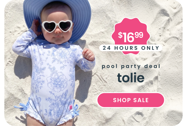 Promotional banner showing a baby lying on sand wearing a blue toile‑print one‑piece, sun hat, and heart‑shaped sunglasses. Text reads ‘$16.99, 24 hours only, pool party deal, toile,’ with Shop Sale button.