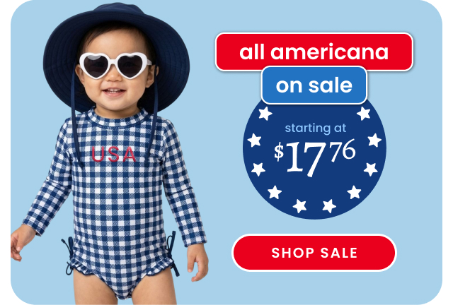Promotional banner showing a child wearing a blue gingham ‘USA’ swimsuit with a sun hat and heart sunglasses. Text reads ‘All Americana on sale, starting at $17.76,’ with Shop Sale button.