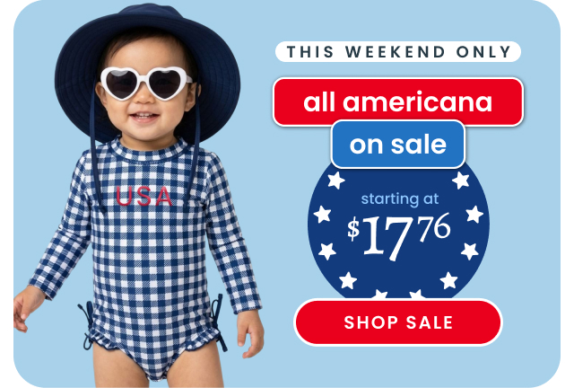 "Light blue banner reading ‘This weekend only — all Americana on sale’ with star graphics and text ‘starting at $17.76.’ Shows a blue gingham USA rash guard and a red ‘Shop Sale’ button."