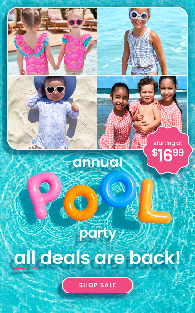Promotional banner showing pool‑themed collage with children wearing colorful swimwear. Text reads ‘Annual Pool Party, all deals are back, starting at $16.99,’ with Shop Sale button