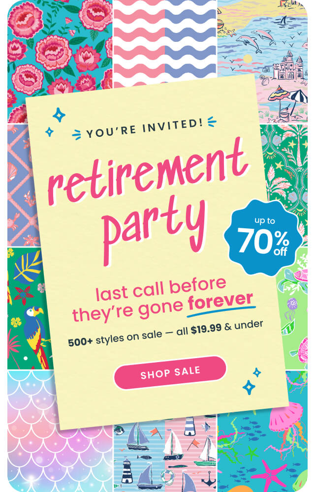 "Colorful banner reading ‘retirement party’ with text ‘last call before they’re gone forever,’ ‘up to 70% off,’ and ‘500+ styles on sale, all $19.99 & under,’ with a pink ‘Shop Sale’ button."