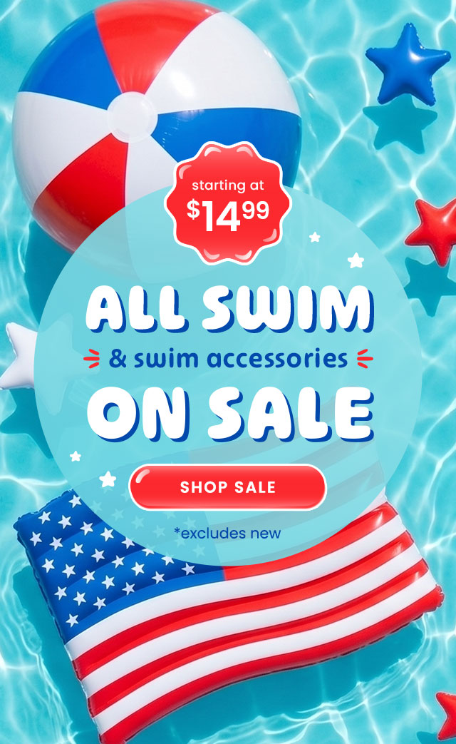 Poolside sale banner with beach ball, star floats, and an American flag float. Text reads ‘All swim & swim accessories on sale,’ ‘starting at $14.99,’ and includes a ‘Shop Sale’ button.