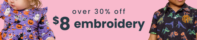 Promotional banner showing embroidered children’s apparel. Text reads ‘Over 30% off, $8 embroidery.