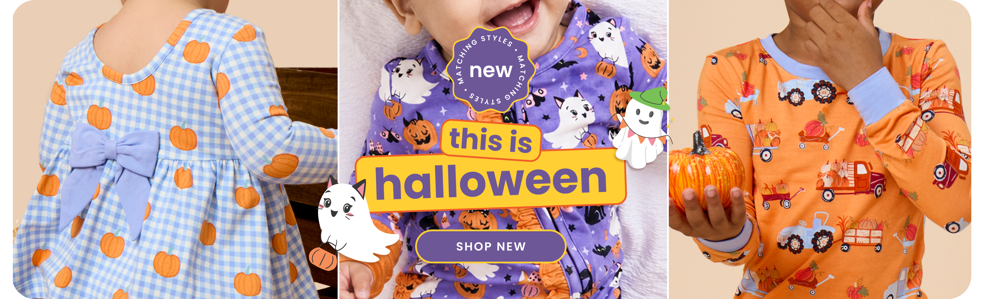 "Halloween banner featuring orange pajamas with pumpkin, wagon, and harvest prints. Text reads ‘Matching Styles — This Is Halloween’ with a ‘Shop New’ button and Halloween-themed graphics."