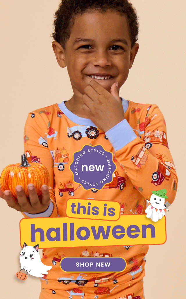 Promotional banner showing children wearing Halloween-themed apparel and pajamas with pumpkin, ghost, cat, and harvest prints. Text reads ‘New, This Is Halloween,’ with Shop New button.