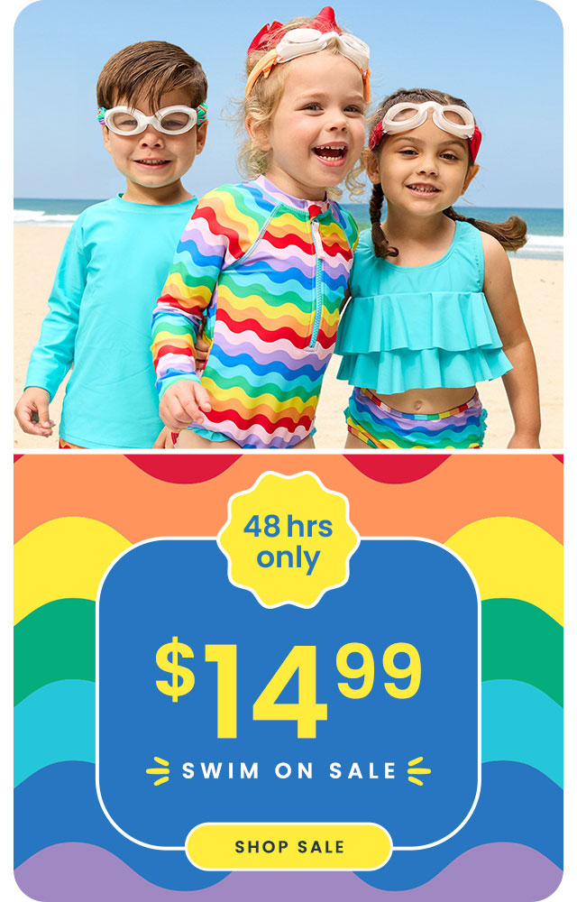"Banner showing rainbow-striped swimwear and aqua ruffle swim styles at the beach. Text reads ‘48 hrs only,’ ‘$14.99 swim on sale,’ and includes a ‘Shop Sale’ button."
