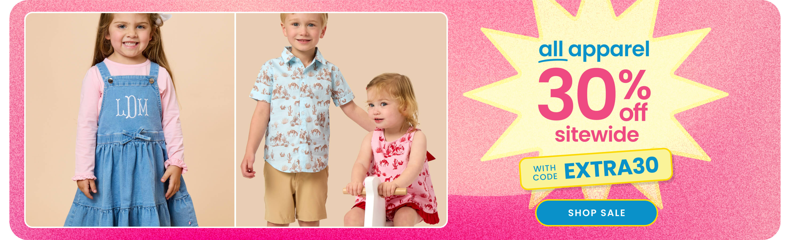 "Pink banner reading ‘All Apparel 30% Off Sitewide’ with code ‘EXTRA30.’ Shows apparel styles with a blue ‘Shop Sale’ button."