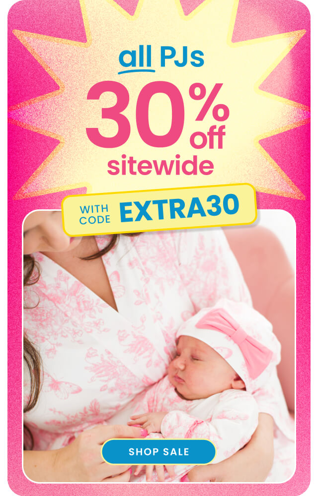 "Pink banner reading ‘All PJs 30% Off Sitewide’ with code ‘EXTRA30.’ Shows matching pink toile pajamas and a blue ‘Shop Sale’ button."