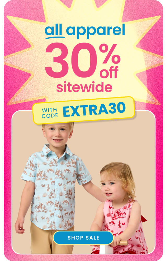 "Pink banner reading ‘All Apparel 30% Off Sitewide’ with code ‘EXTRA30.’ Shows apparel styles with a blue ‘Shop Sale’ button."