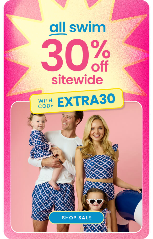 "Pink banner reading ‘All Swim 30% Off Sitewide’ with code ‘EXTRA30.’ Features matching blue geometric-print swimwear and a blue ‘Shop Sale’ button."